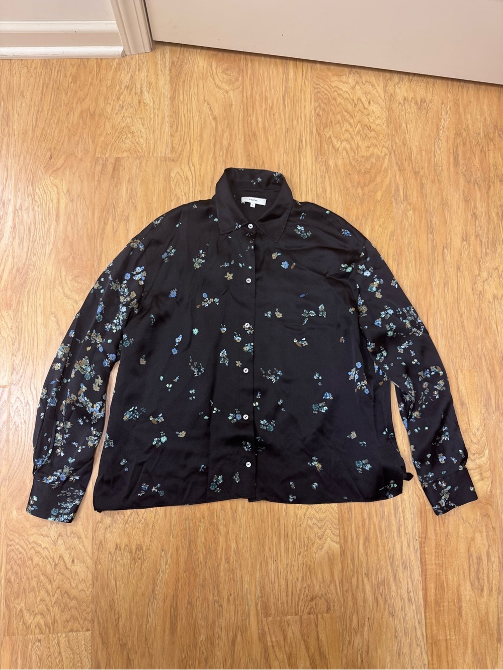 Vince 100% Silk Black Floral Button Down Blouse